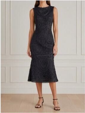 JS Collections Sz 14 navy blu  Soutache Embroidered Mesh Midi Evening Dress